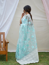 Avani Teal Color Pure organza Chikankari Work Saree